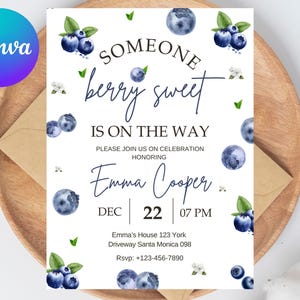 Blueberry Baby Shower Invitation, Editable Berry Sweet Blueberry Baby Shower Invite, Blueberries Baby Shower Invitation Template
