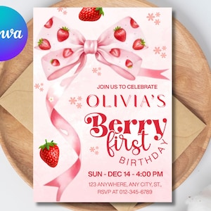 Berry 1st birthday invitation, berry first birthday, strawberry digital invite, Berry Mobile Invite, Birthday Invitation, Canva Editable