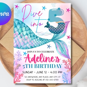 Dive into Five Mermaid Purple Teal 5th Mermaid Birthday Invitation, Little Mermaid Invite Editable Canva