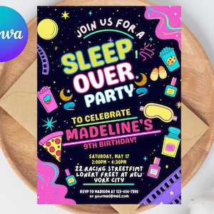 Sleepover Birthday Invitation, Sleepover Invitation, Slumber Party Birthday Invite, Pajama Party Invites, 5x7 Canva