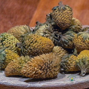 May include: A close-up shot of a pile of dried, textured, yellow-brown flower buds. The buds have a spiky, layered appearance and are arranged on a wooden surface. The background is a blurred, warm brown color.