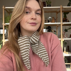 May include: A knitted scarf with alternating stripes of white and brown. The scarf is tied around the neck, with the ends hanging down. The person is wearing a pink sweater. Shelves with plants are in the background.