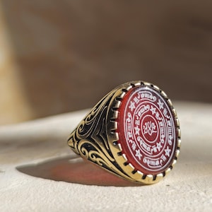 Ultimate Protection Jaljalutiyah Brass Ring with Red Agate, Spiritual Talisman for Luck, Charged with Recitation Remove Evil Eye
