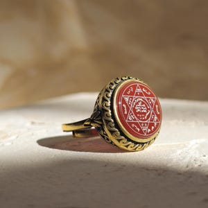 Ultimate Luck Attraction Seal of Solomon Brass Ring with Red Agate, Spiritual Talisman for Luck, Charged with Customized Recitation