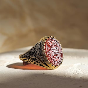 Ultimate Luck Attraction Seal of Solomon Brass Ring with Red Agate, Spiritual Talisman for Luck, Charged with Customized Recitation