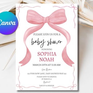 Blush Pink Bow Baby Shower Invitation: Elegant Watercolor (Canva Editable, Digital Download)