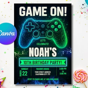 Editable Video Game Birthday Invitation, Video Game Invitation, Neon Game On Level Up Gaming Birthday Party Invites, 5x7 Invitations