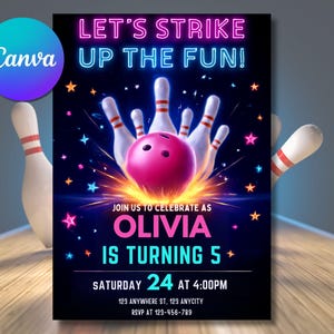 Girl Bowling Birthday Invitation, Printable Pink Bowling Party Invitation, Strike Up Some Fun, Girl Bowling Invite, Canva Editable