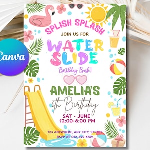 Waterslide Birthday Invitation for Girls | Summer Splash Party Evite | Editable Birthday Invite Template