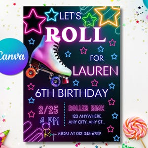 Skate Party Birthday Invitation, Party Invitation, girl, boy, Roller Skating, Retro Neon Lights, Editable Evite Template, Editable Canva