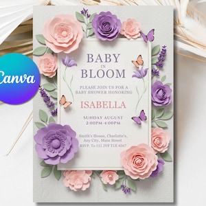 Baby in Bloom Invitation, Butterfly Baby Shower Invitation Girl, Purple Pink Butterflies Wildflower Invite Printable Baby in Bloom Shower