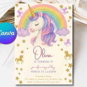 Unicorn Rainbow Girl’s Birthday Party Digital Invitation Template, Pink Unicorn Invite, Printable Digital Woman Electronic Party Invite