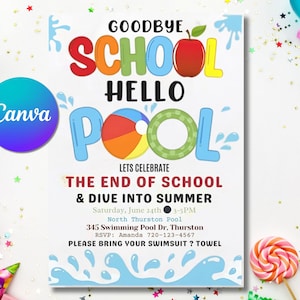 Plantilla de invitación "Adiós al colegio, hola a la piscina", invitación editable para fiesta en la piscina, invitación editable para vacaciones de verano, descarga instantánea