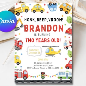 Transportation Birthday Invitation: Truck, Cars, Train (Digital Download, Editable Template 5x7&quot; )