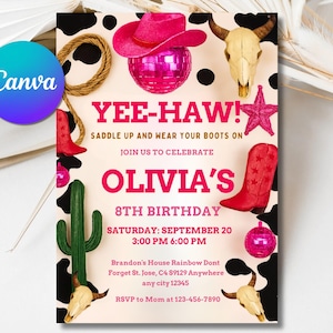 Pink Cowgirl Birthday Invitation: Disco Rodeo, Nashville Party (Editable Canva Template)