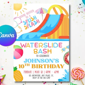 Water Slide Birthday Invitation: Splish Splash Pool Party (5x7 Canva Template)
