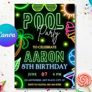 Neon Pool Party Birthday Invitation, Summer Pool Party, Tropical Birthday Evite, Glow Pool Party Modern Invitation, Boy Pool Party Canva