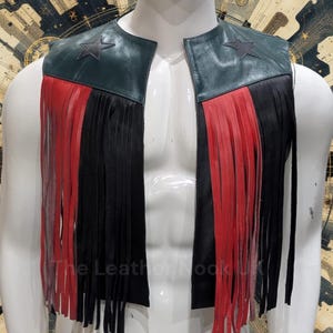 Bold Handmade Black Leather Fringe Vest – Western Rodeo Festival Style for Men & Women – Cowboy Biker Vest, Real Leather, Customised.