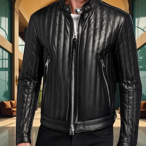 Men&#39;s Black Genuine Leather Biker Jacket: Quilted Moto Motorcycle Coat – Quilted Vertical Channel Moto Motorcycle Coat, Custom Fit