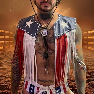 Patriotic Faux Leather Fringe Vest: American Flag Cowboy Rodeo Outfit