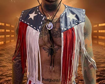 Patriotic Faux Leather Fringe Vest: American Flag Cowboy Rodeo Outfit