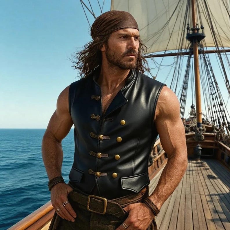 May include: Black leather vest with gold buttons, worn with a brown belt and bandana. The vest has a tailored fit and a classic design. The background shows a wooden ship and the ocean.