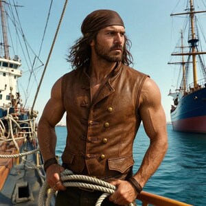 May include: A brown leather vest with gold buttons. The vest is sleeveless and has a double-breasted design. The person in the image is wearing a brown bandana and holding a rope. Two ships are in the background, with a blue sky and water.