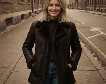 Abrigo de piel de oveja marrón hecho a mano / Ropa de invierno para mujer