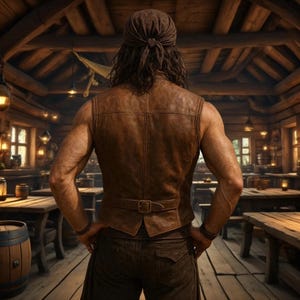 May include: A person wearing a brown leather vest and matching pants, standing in a rustic wooden interior. The vest has a buckle closure at the waist. The person is also wearing a brown headscarf.