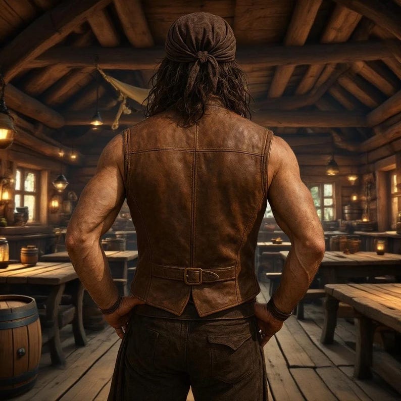 May include: A person wearing a brown leather vest and matching pants, standing in a rustic wooden interior. The vest has a buckle closure at the waist. The person is also wearing a brown headscarf.