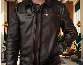 Handmade Cowhide Leather Biker Jacket: Vintage Moto Style
