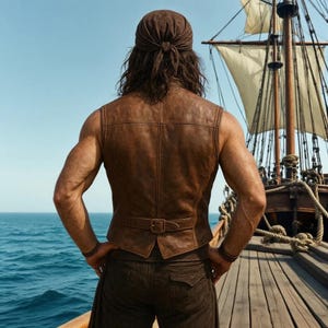 May include: A brown leather vest with a buckle, worn with matching pants and a headscarf. The person is standing on a wooden ship deck, looking out at the ocean. A tall ship with white sails is in the background.