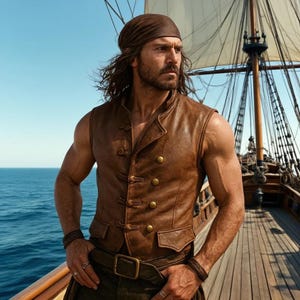 May include: A brown leather vest with gold buttons and a matching brown bandana. The vest has a double-breasted design and is worn with a brown belt. The background shows a wooden ship and the ocean.