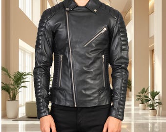Handmade Black Cowhide Leather Biker Jacket: Vintage Moto Style