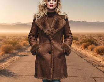 Chaqueta vintage de cuero marrón para mujer con forro de piel de oveja – Abrigo de invierno