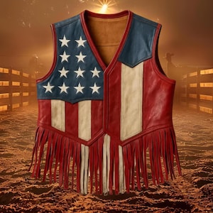 American Flag Leather Fringe Vest: Patriotic Western Festival Outfit