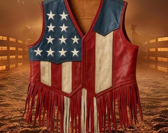 Colete de couro com franjas e bandeira americana: traje patriótico para festivais de faroeste