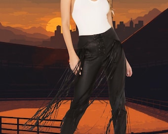 Handmade Black Leather Fringe Pants: Western Biker Cowgirl Fashion