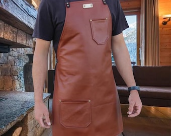 Zwart leren schort met gekruiste achterkant | Houtbewerking BBQ Shop-schort | Cadeau voor hem
