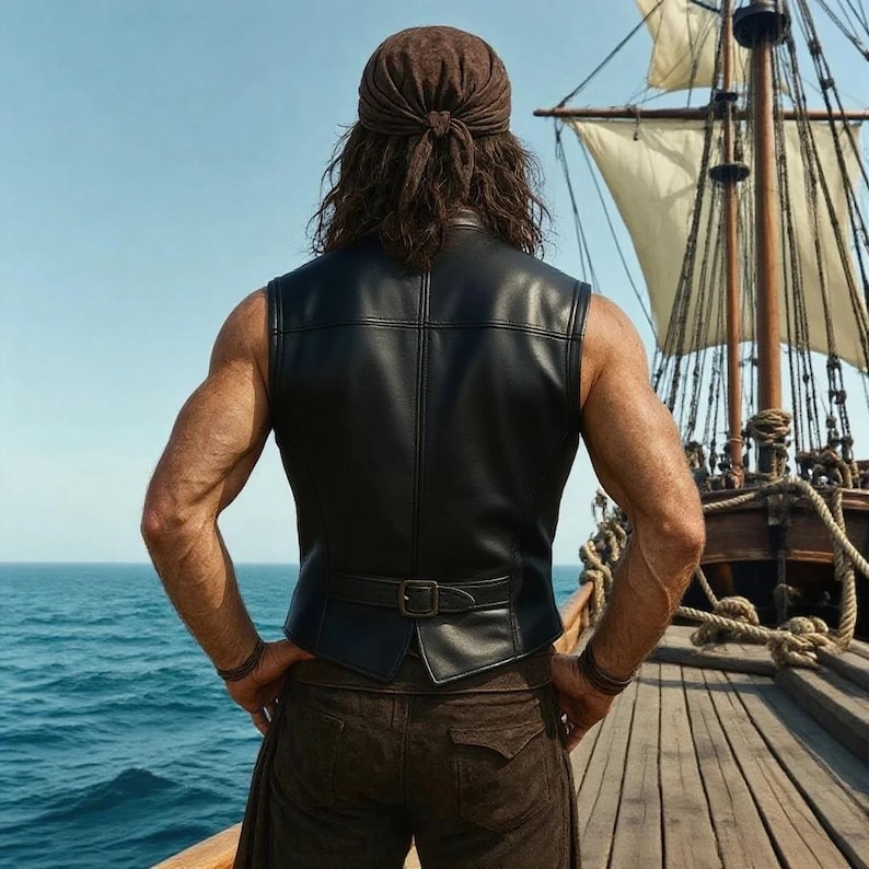 May include: A black leather vest with a buckle belt is worn over brown pants. A brown headscarf is tied around the head. A wooden ship with white sails is in the background, with the ocean and blue sky.