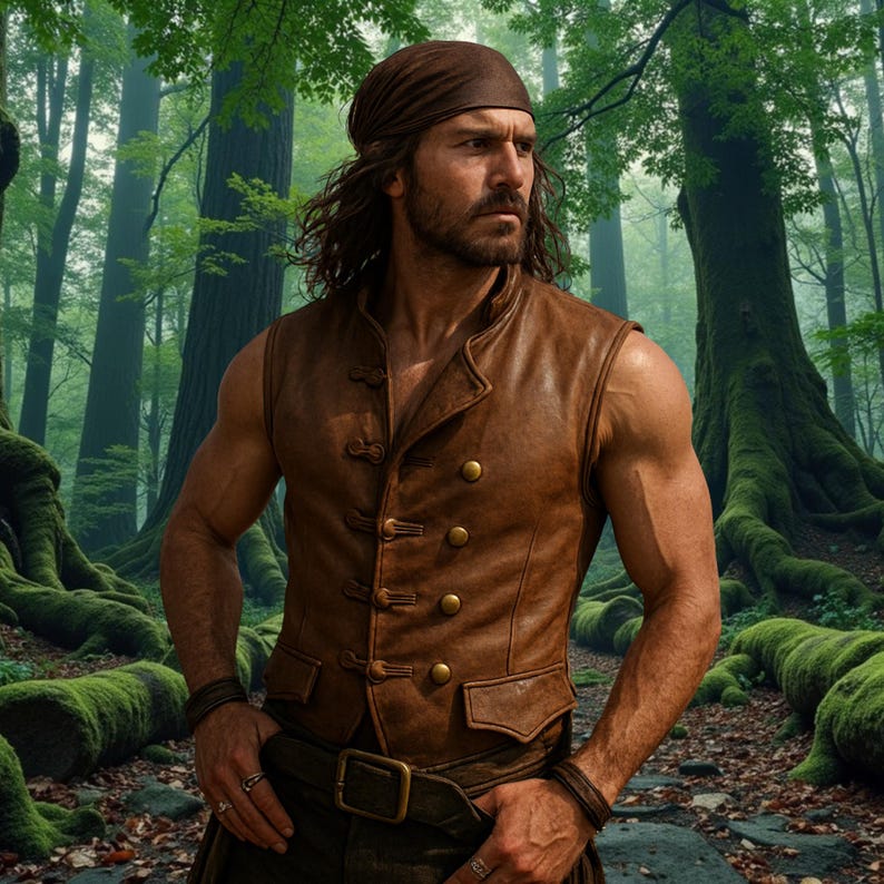 May include: A brown leather vest with gold buttons. The vest is sleeveless and has a tailored fit. The person in the image is also wearing a brown headband and a dark belt. The background is a lush green forest.