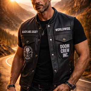 May include: Black leather vest with patches displaying "BLACK LABEL SOCIETY", "WORLDWIDE", and "DOOM CREW INC.". The vest is worn over a black t-shirt and dark jeans. The background shows a mountain road.
