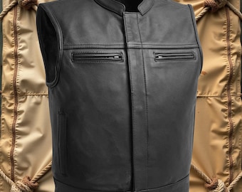 Handmade Black Leather Biker Vest: Custom Fit Motorcycle Clubwear