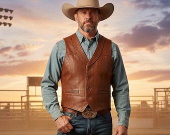 Leather Vest for Men – Handmade Western Cowboy Waistcoat | Classic Button Front Biker Vest