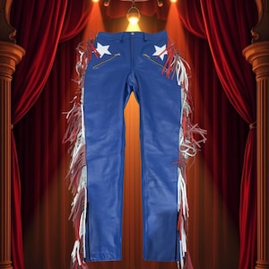 Handmade Blue Leather Fringe Pants: Unisex Western Rodeo Style