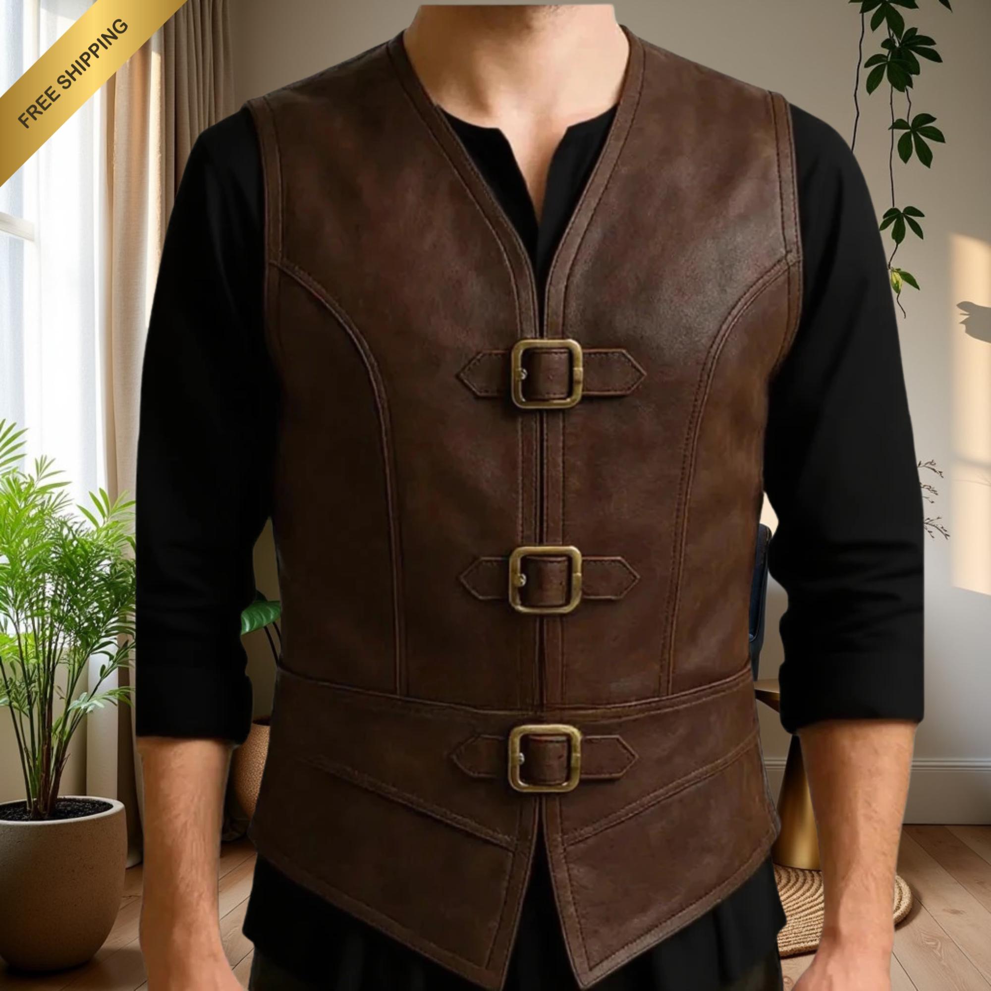 Men's Brown Leather Steampunk Vest Gothic Biker Waistcoat with Adjustable Buckle Closure Custom Handmade