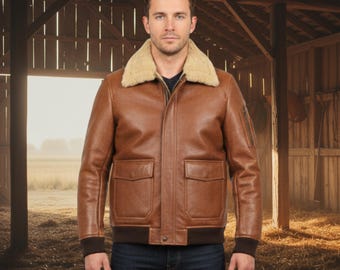 Chaqueta bomber vintage de cuero marrón para hombre – Abrigo de aviador de piel de oveja