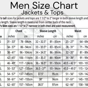 May include: A size chart for jackets and tops, with measurements in inches and centimeters. The chart includes chest, sleeve length, and waist measurements for sizes XS to 5XL. The text "Men Size Chart Jackets & Tops" is at the top.