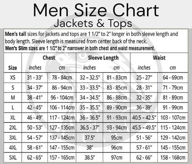 May include: A size chart for jackets and tops, with measurements in inches and centimeters. The chart includes chest, sleeve length, and waist measurements for sizes XS to 5XL. The text "Men Size Chart Jackets & Tops" is at the top.