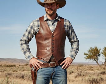 Chaleco de cuero marrón para hombre, estilo vaquero y motero, hecho a mano, de cuero genuino, estilo robusto.